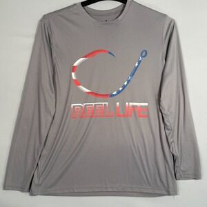 Reel Life Men's Medium Long Sleeve Fishing Shirt Gray Fishing Hook USA Flag Des‎